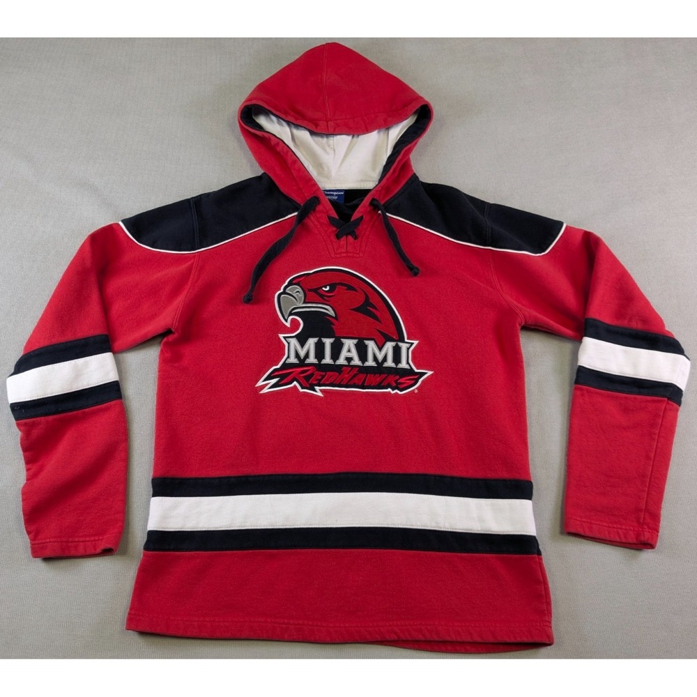 Miami Redhawks Hoodie Mens Medium Red Champion Hockey Jersey Sweatshirt Stitched